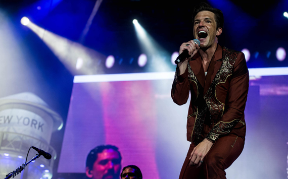 The Killers perform in the dressing room after a concert in New York was cancelled due to a hurricane